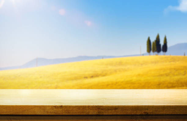 Art Empty wooden deck table on rural landscape background with golden farm wheat fields
