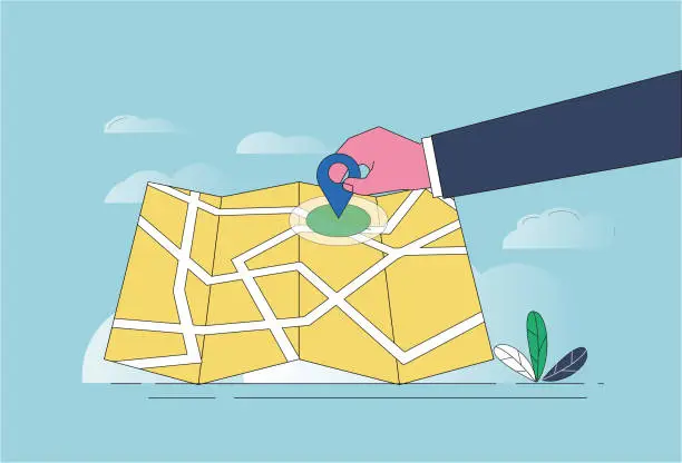 Vector illustration of Hand, orientation, map.