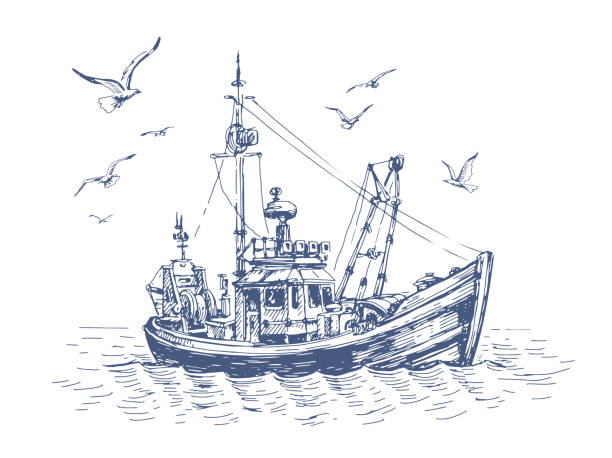 illustrations, cliparts, dessins animés et icônes de petit bateau de pêche en mer. mouettes et navire, navire sur l’eau. paysage marin, illustration vectorielle d’esquisse de pêche - trawler