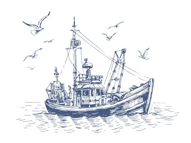 Vector illustration of Small fishing boat in sea. Seagulls and vessel, ship on the water. Seascape, fishery sketch vector illustration