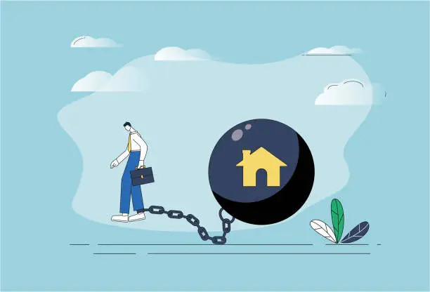 Vector illustration of Man chained with iron ball, mortgage.
