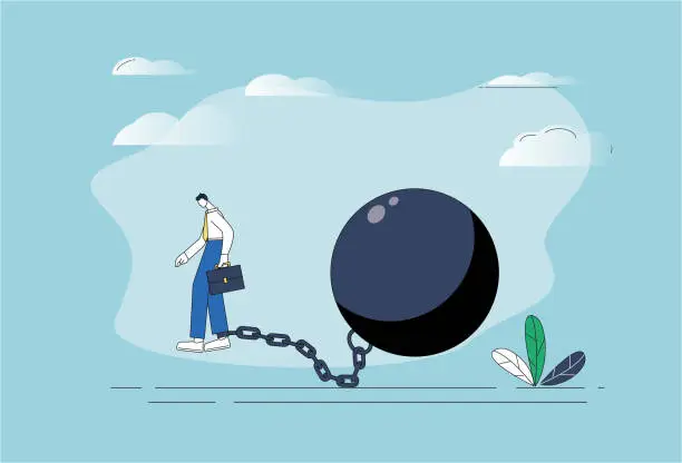 Vector illustration of The man is chained by an iron ball.