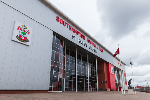 Southampton, United Kingdom - April 24, 2019: St Mary Stadium entrance with coat of arms of Southampton Football Club