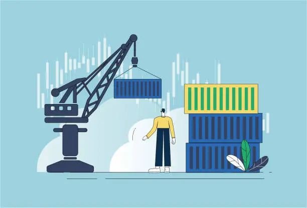 Vector illustration of Cranes, containers, global business.