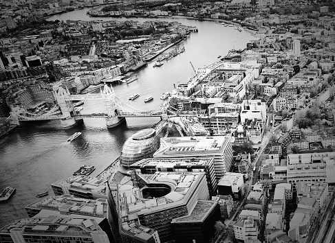 Tower Bridge and Thames river aerial view.