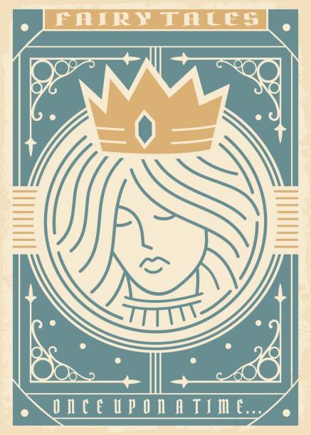 Vintage medieval fairy tales book cover with beautiful princess and old antique ornaments. Retro fairy tale poster design. Queen with golden crown line art portrait. Vector illustration.