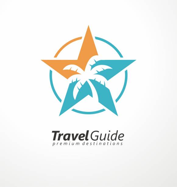 Travel agency logo idea Travel guide logo idea with star shape and tropical palm tree in negative space. Travel agency symbol design. Vector icon concept for tropical destinations and vacations. agency logo stock illustrations