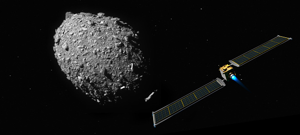 DART satellite on collision course to impacting the asteroid DIMORPHOS to deflect its orbit. This image elements furnished by NASA: https://www.nasa.gov/specials/pdco/#dart