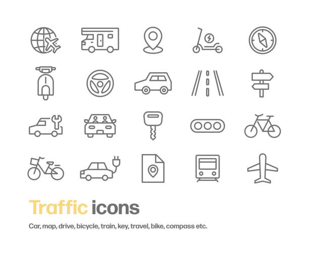 ilustraciones, imágenes clip art, dibujos animados e iconos de stock de conjunto de iconos de transporte y viaje - compass key globe earth