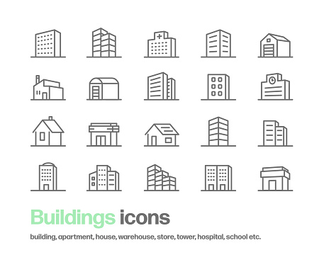 Simple line drawing icon. It contains simple icons such as building, hospital, warehouse, factory, house, school, store, cityscape, tower, etc.