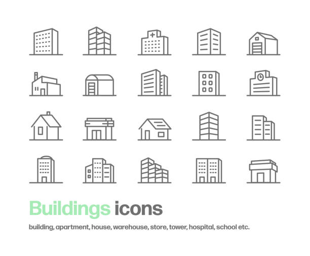 Line icon set of various buildings Simple line drawing icon. It contains simple icons such as building, hospital, warehouse, factory, house, school, store, cityscape, tower, etc. construction industry stock illustrations