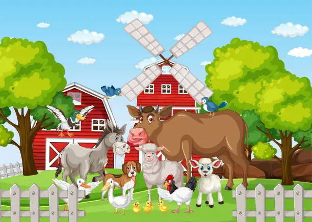 Vector illustration of Farm scene with many animals