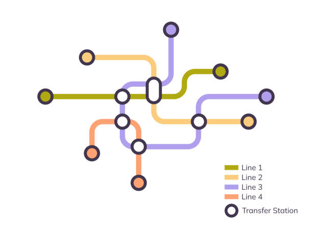 Scheme of metro stations and plan of subway with colorful lines, fictional metro map of underground, layout of public passenger transport routes, subway train tracks plan. Scheme of metro stations and plan of subway with colorful lines, fictional metro map of underground, layout of public passenger transport routes, subway train tracks plan flat vector illustration. underground stock illustrations