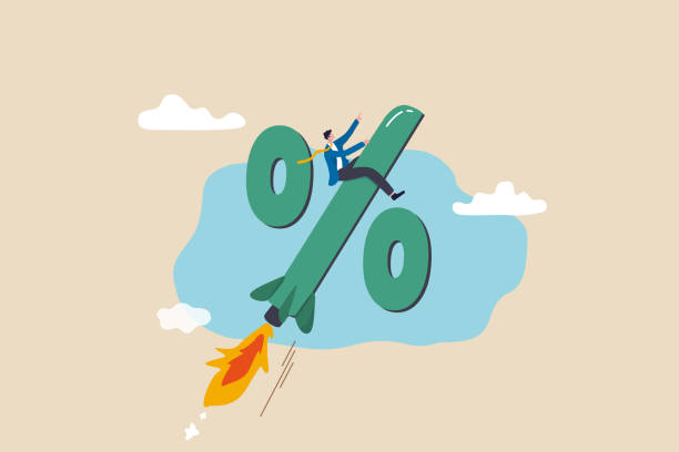 interest-rate-percentage-rocket Interest rate rising up, Federal reserve or central bank raising policy, inflation or monetary percentage concept, businessman riding percentage with rocket booster metaphor of interest rate hike. debt ceiling stock illustrations
