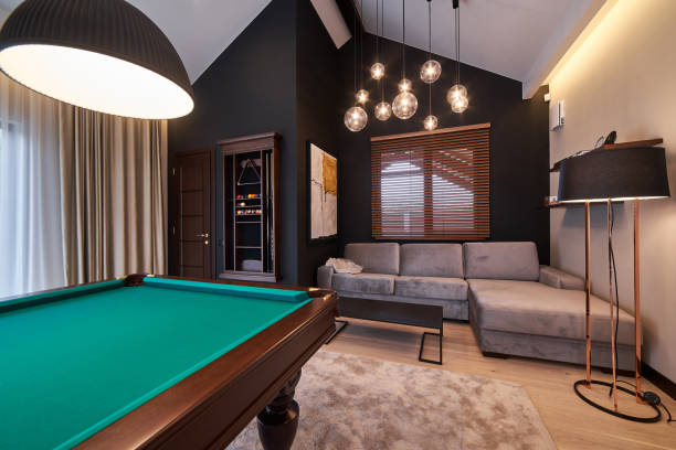 istock modern billiard room with a beautiful table and large windows 1428269743
