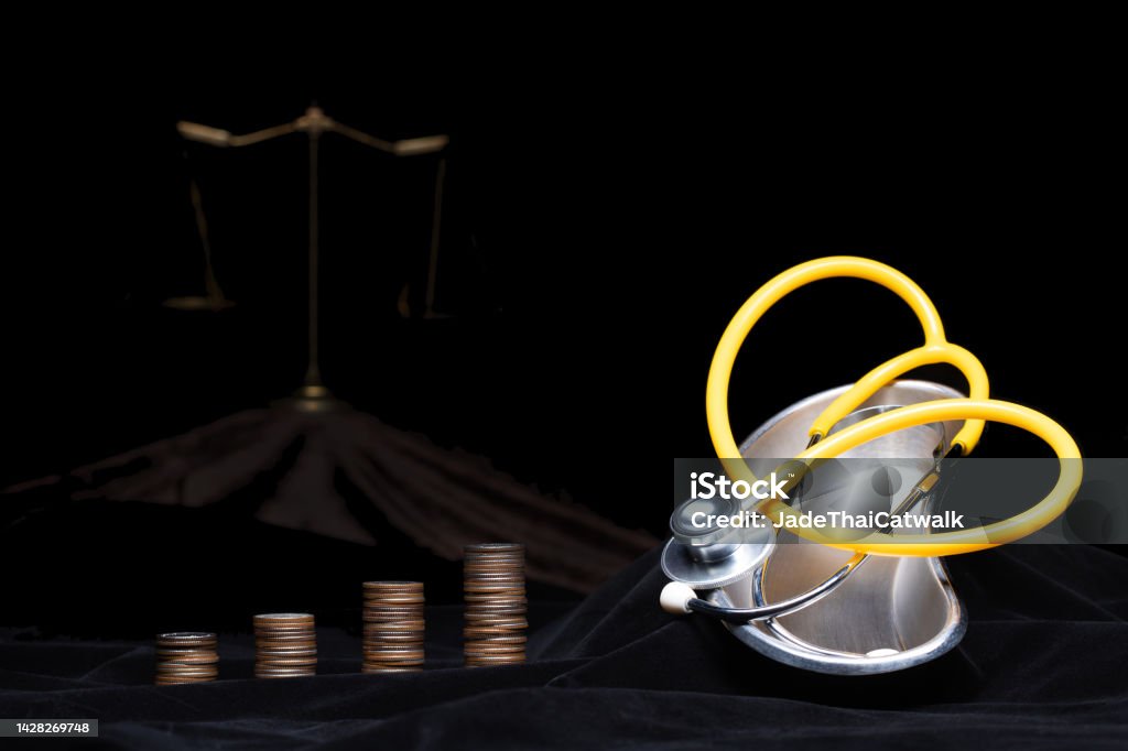 Health Insurance is money saving finance for health care and wealth. Concept Stack coin growth economy graph to stethoscope. Hospital treatment increase profit success in market, copy space Banking Stock Photo