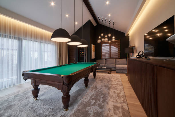 istock modern billiard room with a beautiful table and large windows 1428269789