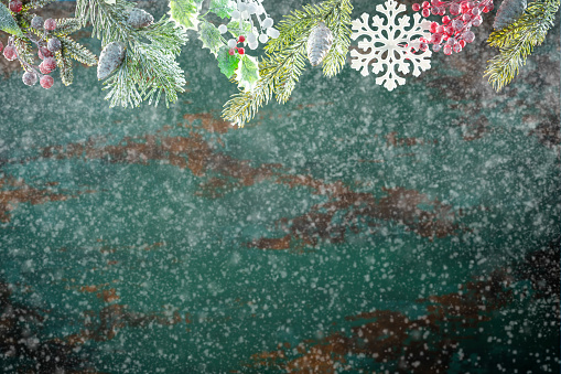 Christmas snowing background with top fir tree, snowflake, holly and copy space on green background and snow