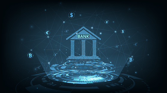 Concept of Banking Technology.Isometric illustration of bank on technology circuit lines background.Digital connect system.Financial technology concept.Vector illustration.EPS 10.