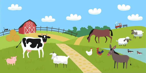 Vector illustration of Landscape with red farm and animals. Cow, sheep, horse, donkey, pig, rooster and hen, ducks, goat and cat. Vector flat illustration