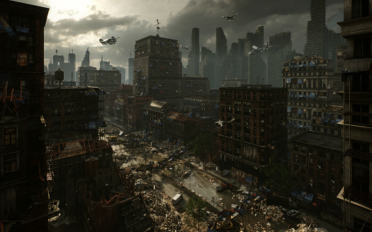 Digitally generated post-apocalyptic scene depicting a desolate urban landscape with tall buildings in ruins and lots of rogue A.I. airborne VTOL-capable non-Humanoid UAV (drone), featuring a devastating array of under-slung and wing-mounted lasers, missiles, and laser small cannons. \n\nThe scene was created in Autodesk® 3ds Max 2023 with V-Ray 6 and rendered with photorealistic shaders and lighting in Chaos® Vantage with some post-production added.