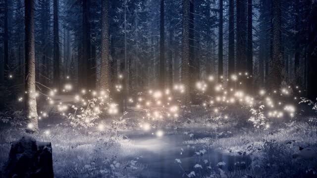 Magic lights hovering in an enchanted forest for a romantic Christmas design