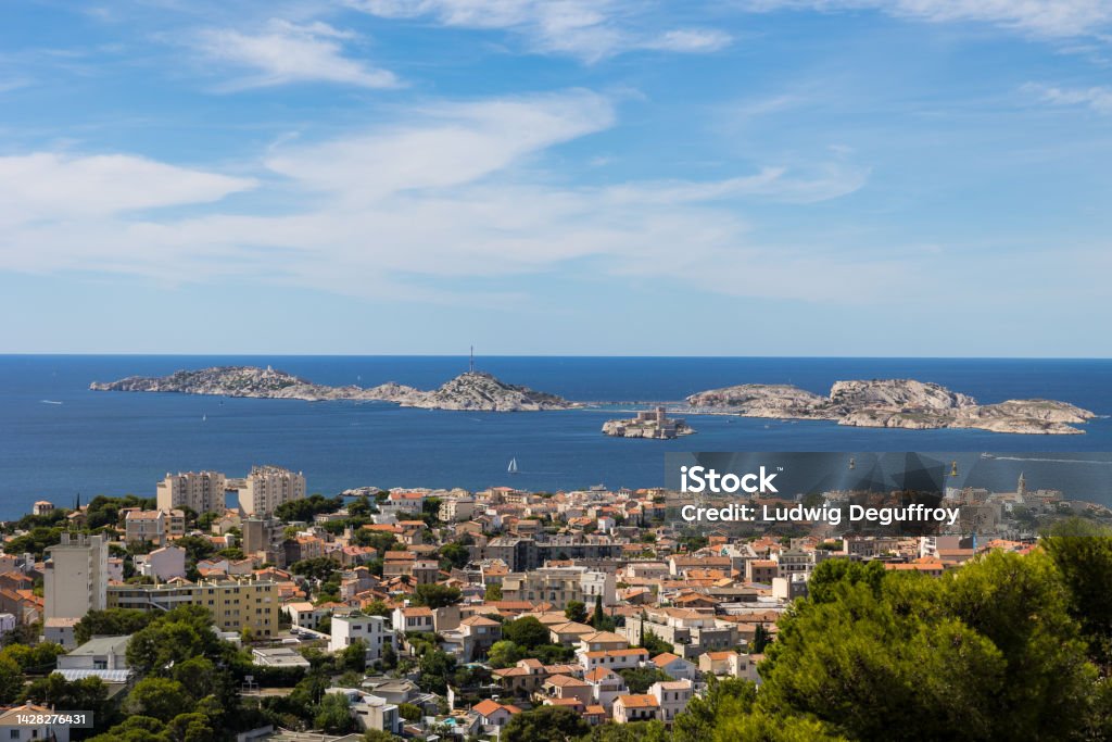 View from the Basilica Notre-Dame de la Garde on the Frioul Islands, the Château d'If and the Endoume district Architecture Stock Photo