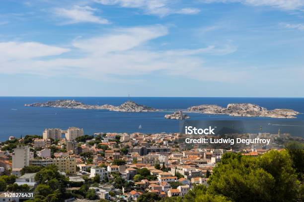 View From The Basilica Notredame De La Garde On The Frioul Islands The Château Dif And The Endoume District Stock Photo - Download Image Now