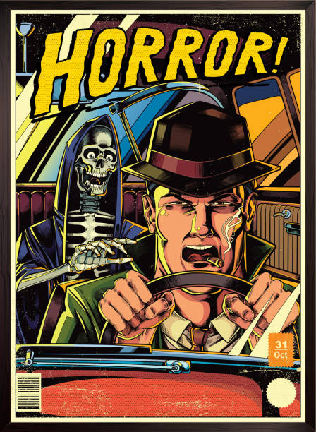 ilustraciones, imágenes clip art, dibujos animados e iconos de stock de póster de cómic de terror vintage con conductor y muerte, estilo detective noir - place of burial illustrations