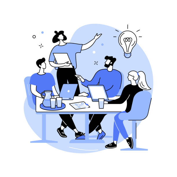 ilustraciones, imágenes clip art, dibujos animados e iconos de stock de lluvia de ideas con el equipo creativo de ilustraciones vectoriales de dibujos animados aislados. - agente inmobiliario