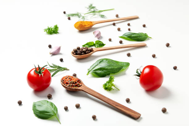 Concept of cooking, different spices on white background