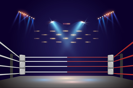 Boxing ring and floodlights Vector illumination.