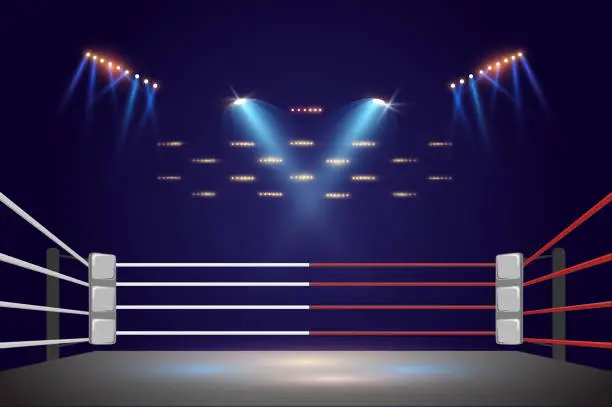 Vector illustration of Boxing ring and floodlights Vector illumination.