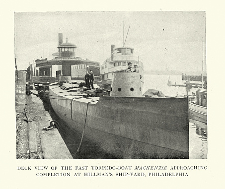 Vintage illustration after a photograph of USS Mackenzie fast torpedo boat, at Hillman's ship yard, Philadelphia, US Navy warship 19th Century