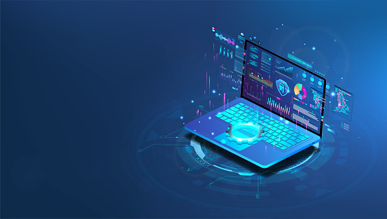 Online application on blue laptop with data analysis, charts and graphics. Software development, coding process. Remote control and configuration concept. Cross platform programming. Vector isometric