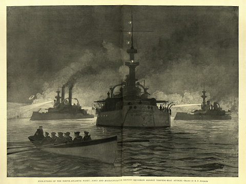 Vintage illustration of USS Iowa and Massachusetts defend against torpedo boat attack, United States Navy warships 19th Century. 1890s