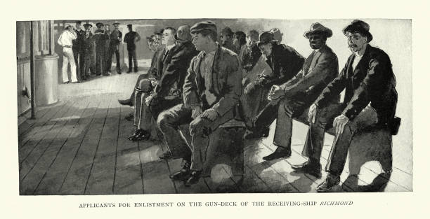 New recruits waiting to enlist in the United States Navy, USS Richmond, Spanish–American War, 1898, 19th Century Vintage illustration New recruits waiting to enlist in the United States Navy, USS Richmond, Spanish–American War, 1898, 19th Century us sailor stock illustrations