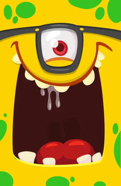 Vector illustration of Cartoon monster face with funy expression opened mouth  blank space  banner for text. Vector illustration. Isolated. Halloween design element for banner or decoration party