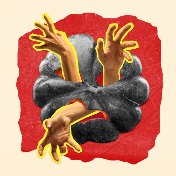 istock Contemporary art collage. Terrifying design with human hands appearing from pumpkin. Horror season is on 1428285597