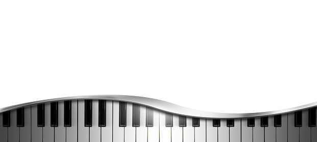 Close-up of a piano keyboard with metal curve, isolated on white background with copy space. Photography and 3D illustration