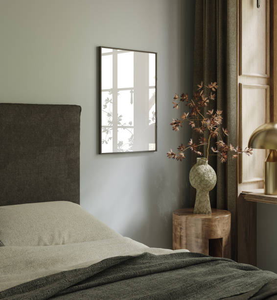 istock Frame mock-up in home interior background with bed and decor in bedroom 1428287738