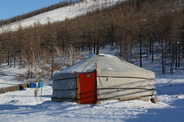 Nomadic tent (ger) in the silence of long winter, Bogd Khaan region, Mongolia. stock photo