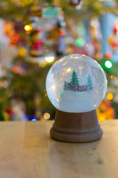 istock Snow globe with wooden house, Christmas Tree lights background 1428289814