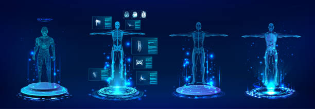 bildbanksillustrationer, clip art samt tecknat material och ikoner med healthcare 3d human body hologram with with full body scan - 3d skanning