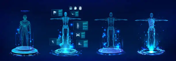 Vector illustration of Healthcare 3D human body hologram with with full body scan