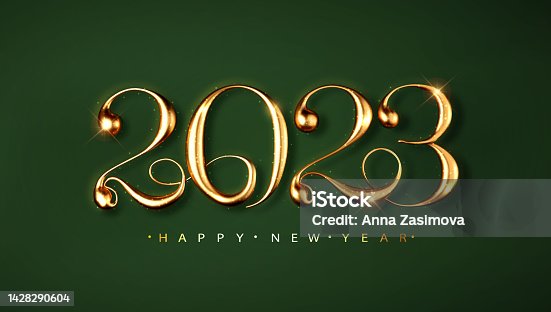 istock 2023 green New Year card template with realistic golden numbers. Christmas celebrate design. Festive premium concept template for holiday 1428290604