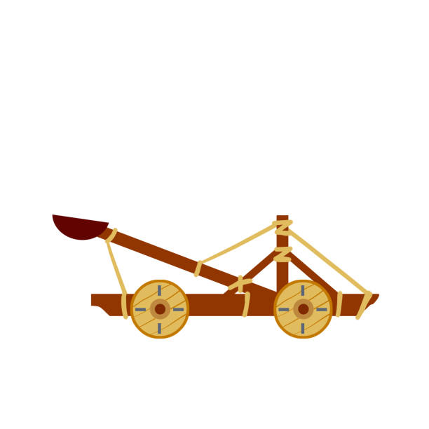 illustrazioni stock, clip art, cartoni animati e icone di tendenza di catapulta. armi antiche per l'assedio della fortezza. artiglieria medievale in legno ballista. - slingshot weapon medieval siege