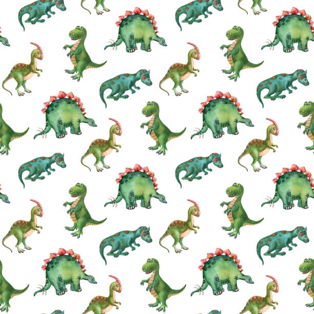 istock Watercolor green dinosaurus. Seamless pattern. Cute stegosaur, gazosaurus 1428297078
