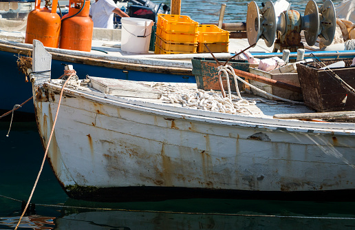 wooden fishing boat in storage in the plains at the end of the fjord at Borgarfiordur Eystri in Iceland