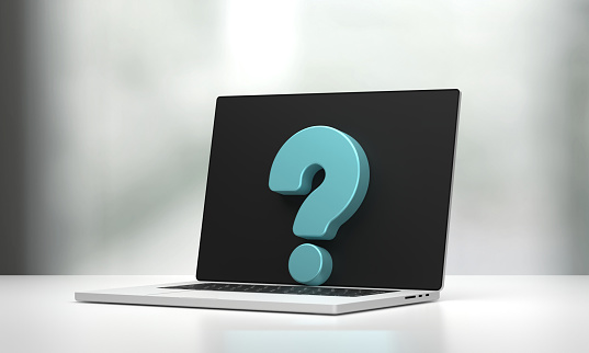 3D Blue Question Mark icon on the laptop. Technology and Connection Concept.